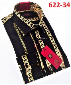 Axxess Black / Gold Cotton Modern Fit Dress Shirt With Button Cuff 622-34.