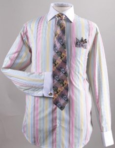 Fratello Gold Multi Stripe Two Tone Shirt / Tie / Hanky Set With Free Cufflinks FRV4122P2