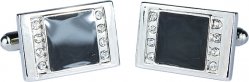 Fratello Silver Plated Rectangle Cufflinks Set With Black Enamel And Rhinestones 19032
