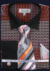 Fratello Black / Orange / Red Weave Design 100% Cotton Shirt / Tie / Hanky Set With Free Cufflinks FRV4127P2.