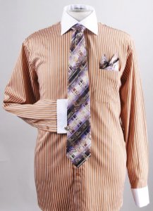 Daniel Ellissa Tan Vertical Stripe Two Tone Shirt / Tie / Hanky Set With Free Cufflinks DS3764P2
