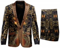 Prestige Black / Gold Velour Greek / Medusa Design Modern Fit Suit PBZ-150