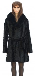 Winter Fur Ladies Black Mink Front Paws 3/4 Coat With Fox Collar And Belt W69Q06BK