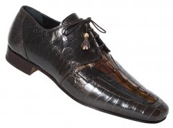 Mauri "4715" Dark Brown / Olive Genuine Ostrich Leg / Hornback Crocodile Hand Painted Dress Shoes
