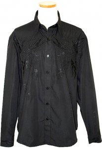 Manzini Black Self Embroidered Button Down High-Collar Long Sleeves 100% Cotton High-Collar Shirt MZ-65