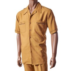 Giorgio Inserti Mustard Yellow With Tan / Brown Houndstooth Contrast Trim Button Up 2 Piece Short Sleeve Outfit 729
