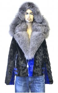 Winter Fur Royal Blue Genuine Diamond Mink Motorcycle Jacket With Fox Collar And Hood M49S02RB.