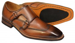 La Milano Cognac Burnished Leather Double Monk Strap Wingtip Shoes A11576