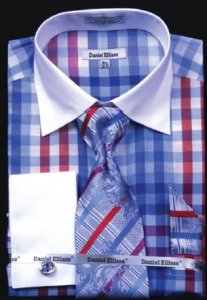Daniel Ellissa Blue Checker Pattern Shirt / Tie / Hanky Set With Free Cufflinks DS3773P2