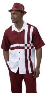 Montique Burgundy / White Sectional Design Short Sleeve Outfit 2078.
