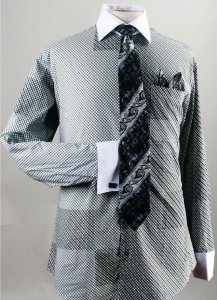 Avanti Uomo Black Printed Two Tone Design 100% Cotton Shirt / Tie / Hanky Set With Free Cufflinks DN57M