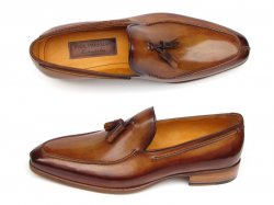 Paul Parkman 083 Camel & Brown Genuine Leather Hand-Painted Loafer Shoes With Tassel