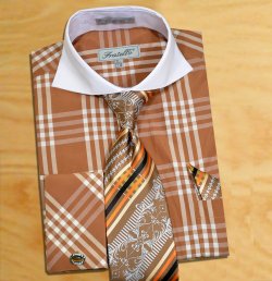Fratello Brown / Cream Checker Pattern Two Tone Shirt / Tie / Hanky Set With Free Cufflinks FRV4118P2