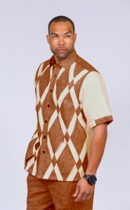 Prestige Mocha Brown With Cream Custom Woven Front 100% Linen 2 Piece Outfit CPT-602