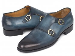 Paul Parkman ''HT54-NAVY" Navy Genuine Leather Double Monkstrap Shoes.
