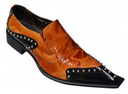 Encore By Fiesso Cognac / Black Genuine Leather Loafer Shoes With Metal Studs FI6757