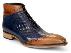 Duca Di Matiste "Lauro" Cognac/Navy Genuine Italian Calf Leather Quilt Print Ankle Boots.