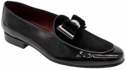 Duca Di Matiste "Scala" Black / Silver Genuine Velvet / Patent Leather Bow Tie Loafers.