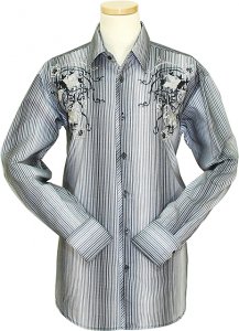 Pronti White / Black Velour Pinstripes With Embroidery Cotton Blend Long Sleeve Casual Shirt S1646