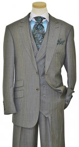 Extrema Medium Grey With Baby Blue Pinstripes Super 140's Wool Vested Suit UE90192