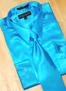 Daniel Ellissa Satin Turquoise Dress Shirt/Tie/Hanky Set