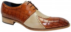 Duca Di Matiste "Valentano" Cognac / Beige Genuine Italian Calfskin / Crocodile Print Lace-Up Derby Shoes.