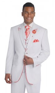 E. J. Samuel White With Red Handpick Stitching Super 150's Vested Classic Fit Suit M2688