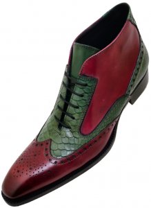 Duca 1102 Green / Burgundy Python Embossed Calfskin Wingtip Lace-Up Ankle Boots