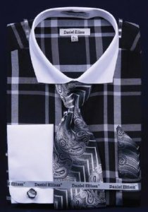 Daniel Ellissa Black / White Windowpanes Shirt / Tie / Hanky Set With Free Cufflinks DS3771P2