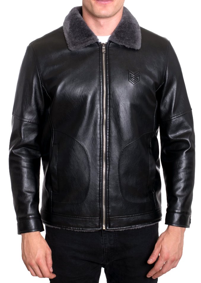 A man wearing a black PU leather aviator jacket