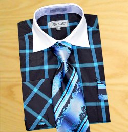 Fratello Black / Turquoise Windowpanes Shirt / Tie / Hanky Set With Free Cufflinks FRV4123P2