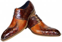 Duca Di Matiste "Valentano" Brown / Cognac Genuine Italian Calfskin / Crocodile Print Lace-Up Derby Shoes.
