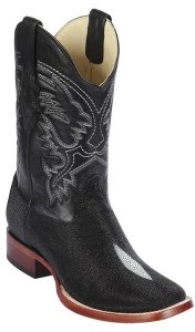 Los Altos Black Genuine Stingray Rowstone Leather Wide Square Toe Cowboy Boots 8221205
