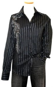 Apricottree Black W/ Silver Lurex Pinstripes And Embroidery With Sequins And Swarovski Crystals Long Sleeves Cotton Shirt AT1474