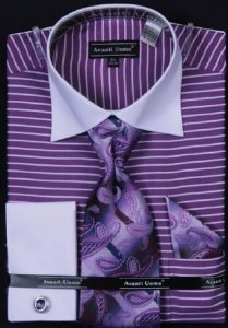 Avanti Uomo Purple Horizontal Stripe Two Tone Shirt / Tie / Hanky Set With Free Cufflinks DN55M
