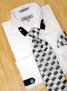 Fratello White/Black Tabbed Collar/French Cuffs Shirt/Tie/Hanky Set With Free Cufflinks FRV4101