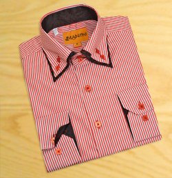 Manzini Red / White Stripes With Black / Red Paisley Design Double Layered High Collar 100% Cotton Dress Shirt MZO-10