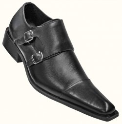 Zota Black Pointed Toe Leather Shoes With Double Monk Strap And Buckle 7098