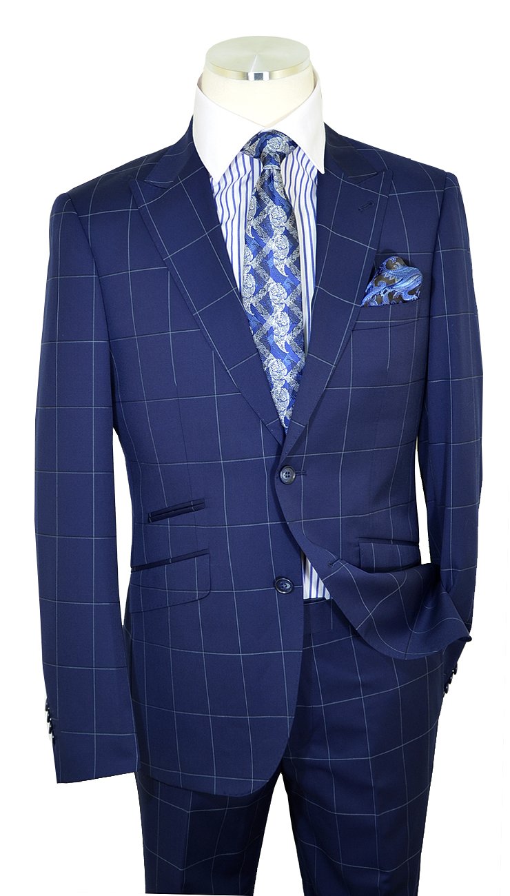 Navy Blue / White Windowpane Super 150's Wool Modern Fit Suit