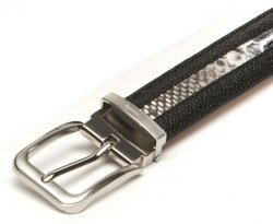 Mauri "100/35" Black Genuine Pebble Grain Calf / Grey Python Hand-Painted Belt