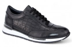 Duca Di Matiste "Varsi" Black Genuine Italian Calf Leather Crocodile Print Sneakers.