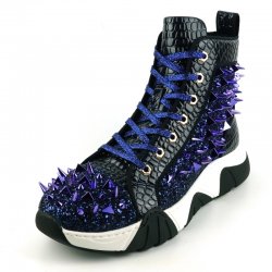 Fiesso Navy Glittered / Spiked Alligator Print PU Leather High Top Sneakers FI2405