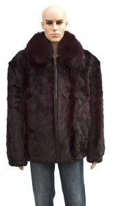Winter Fur Men's Mink Front Paws Jacket with Fox Collar, Dyed into Two Shades of Burgundy M69R01BDT