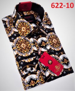 Axxess Black / Gold / White Cotton Medusa Design Modern Fit Dress Shirt With Button Cuff 622-10.