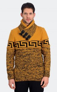 LCR Mustard / Black Modern Fit Wool Blend Pull-Over Shawl Collar Sweater 7270