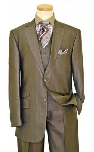 Luciano Carreli Olive Green / Cognac Pinstripes Silk / Wool Vested Wide Leg Suit 6296-1005