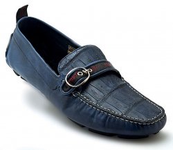 Mauri "Golden Touch" 9272 Hand-Painted Navy Blue Genuine Crocodile / Calfskin Loafer Shoes With Buckle