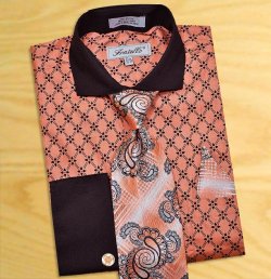 Fratello Coral / Black Diamond Weave Design 100% Cotton Shirt / Tie / Hanky Set With Free Cufflinks FRV4126P2.