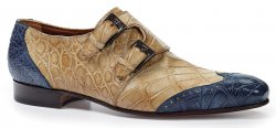 Mauri "1010" Caribbean Blue / Bone Genuine Body Alligator Hand Painted Burnished Double Monk Strap Shoes.