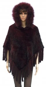 Winter Fur Ladies Knitted Burgundy Mink Poncho With Hood W09K01BD